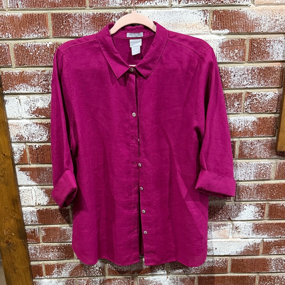 Chico's Fuchsia Button-Down 100% Linen Shirt SZ 2 Quiet Luxury Classic Lagenlook - Picture 2 of 4